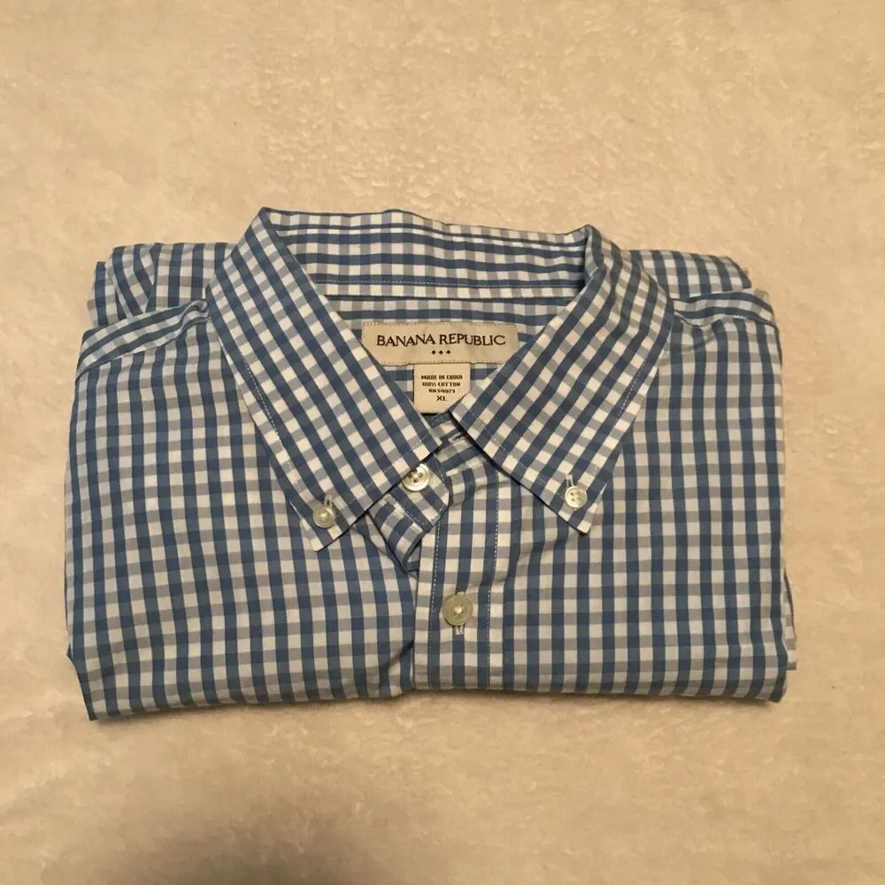 Banana Republic Button Front Shirt Mens XL Blue White Check 100% Cotton EUC